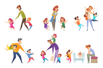 Fototapeta na wymiar Active kids. Big family tired parents playing with children adult in action poses vector cartoon characters. Illustration tired parent with kids,, fatherhood and motherhood