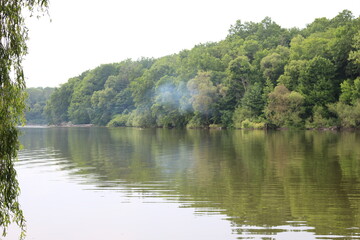 
Trees are reflected in the lake water on a sunny summer day.
