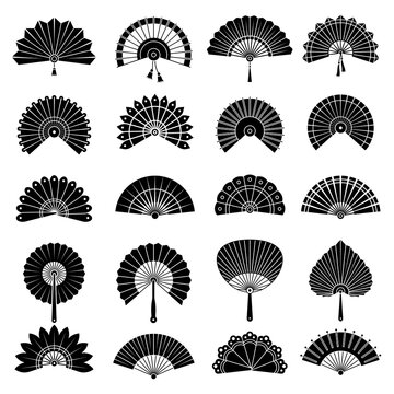 Chinese fan. Beautiful japanese hand paper fan vector authentic illustrations. Black white souvenir, japan or chinese fan traditional, accessory folding vector