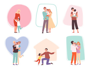 Hugging kids. Parents embrace their children. Happy family characters comforted talking mother father and baby vector group. Illustration hug and embrace, happy children and parents