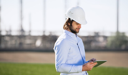 Young engineer with hard hat standing outdoors by oil refinery, using tablet.