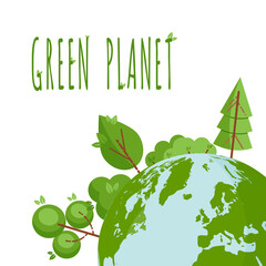 Concept with green trees and planet Earth. Place for text. Text Green Planet. Ecological concept. Template for flyer, poster, invitation, Earth day. Flat, thin line style design. Vector illustration.