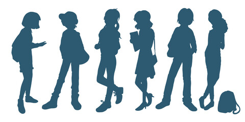 Vector set of anime students silhouettes. Group of young people. Vector illustration. Teenager's life. Different pupils are standing together with bags and backpacks.