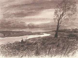 Watercolor monochrome landscape of riverside in windy cloudy inclement weather
