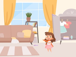 Girl dressing. Little baby in room interior, wardrobe and sofa. Independent child changes clothes vector illustration. Girl dressing in room with furniture