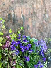 Wildflowers on an abstract wooden surface. Free space.Defocus light background.	