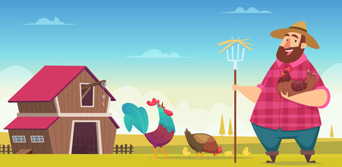 Chicken farm. Eco hens and roosters breeding industry domestic birds production vector cartoon background. Chicken farm, countryside farming illustration