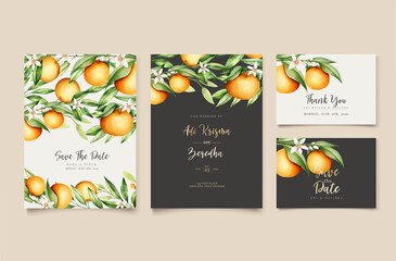 botanical watercolor orange fruits wedding invitation card template