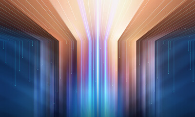 Futuristic fractal digital science technology background. Smooth lines, color gradient. Neon light, abstract reflection and perspective.