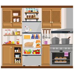 Cozy kitchen with furniture, food, dishes and equipment. Vector illustration on the theme of home interior and cooking.
