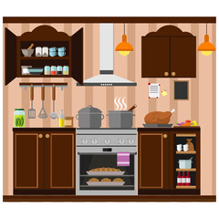 Cozy kitchen with furniture, food, dishes and equipment. Vector illustration on the theme of home interior and cooking.