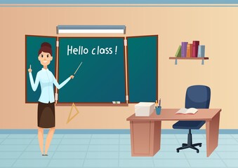 Back to school. Teacher at blackboard. Happy cartoon woman in classroom vector illustration. School teacher study, character next chalkboard