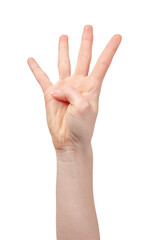 Female hand showing four fingers on white background