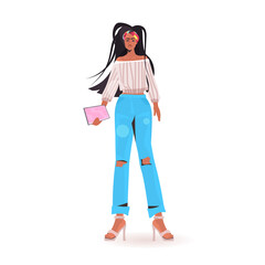 african american woman holding tablet pc beautiful girl model in trendy clothes female cartoon character standing pose full length isolated vector illustration
