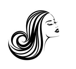 Hair salon and beauty studio logo.Beautiful woman with long, wavy hairstyle and elegant makeup.Closed eyes young lady face.Modern style.