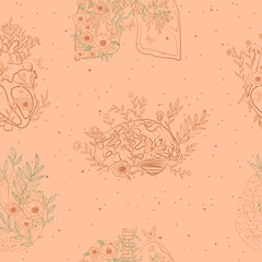 Vintage Seamless pattern with floral human organs, heart, brain, lungs. Editable vector illustration.