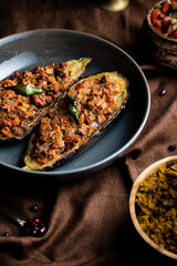 Middle eastern meal with stuffed aubergine and rice