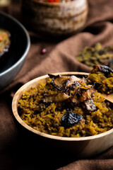 Middle eastern meal with rice and fried onion