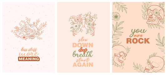 Set of trendy posters with floral human anatomy skeleton and organs and typography inspiration quotes about life. Editable vector illustration.