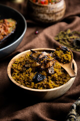 Middle eastern meal with rice and fried onion
