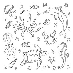 Fototapeta premium Doodle cartoon set sea life. Black vector illustration of seahorse, turtle, crab, octopus, jellyfish, dolphin isolated on white background. Cute sea animals design for child coloring book, card, page