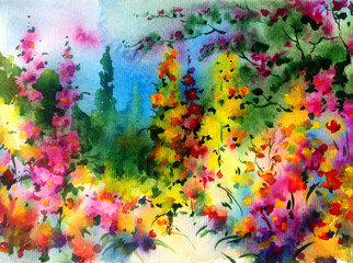 Watercolor colorful bright textured abstract background handmade . Mediterranean landscape . Painting of  vegetation of the sea coast , idyll garden , made in the technique of watercolors from nature