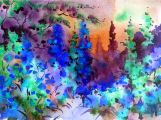 Watercolor colorful bright textured abstract background handmade . Mediterranean landscape . Painting of  vegetation of the sea coast , idyll garden , made in the technique of watercolors from nature