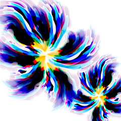 Splashy exotic flowers are featured in an abstract background illustration.