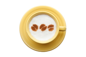A rustic mug with coffee cream. Food art creative concept image, drawing with cinnamon powder over cream in a white background.
