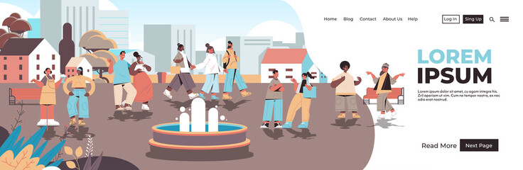 mix race people walking urban park no cellphone zone digital detox concept smartphone in prohibition sign abandoning internet social networks cityscape copy space horizontal vector illustration