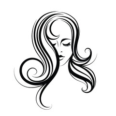 Hair salon and beauty studio logo.Beautiful woman with long, wavy hairstyle and elegant makeup.Closed eyes young lady face.Modern style.