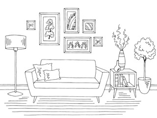 Obraz premium Living room graphic black white home interior sketch illustration vector