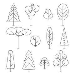 Different trees on a white background. Vector Line Icon Set. Element for ecology or nature logo. Vector illustration