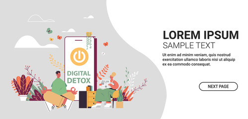 man sitting lotus pose woman reading book couple spending time without gadgets digital detox offline activities concept abandoning internet social networks full length vector illustration