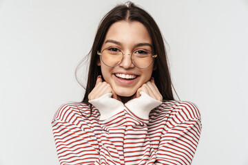 Photo of happy brunette young woman wearing eyeglasses smiling