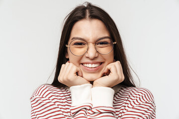 Photo of happy brunette young woman wearing eyeglasses smiling