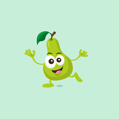 Illustration of cute happy pear mascot standing on one foot with big smile isolated on light background. Flat design style for your mascot branding.