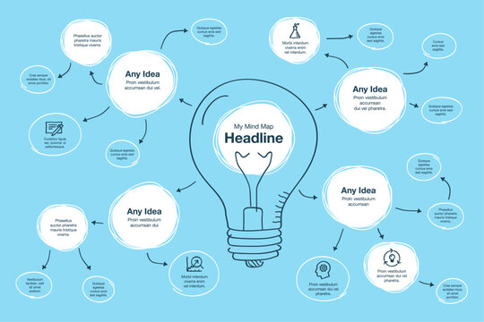 Hand drawn infographic for mind map visualization template with light bulb as a main symbol - blue version. Easy to use for your design or presentation.