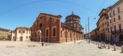 Panorama of the exterior of the Santa Maria delle Grazie Church where the fresco of Last Supper by...
