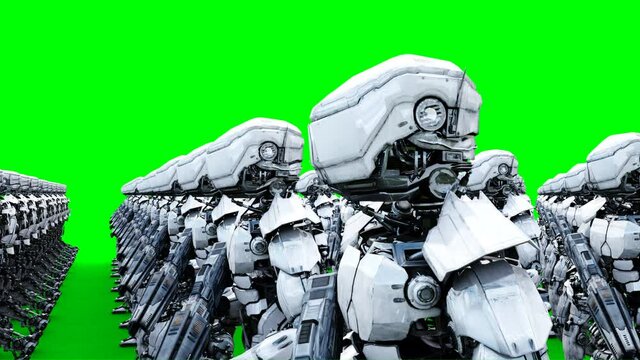 invasion of military robots with gun. marching robots. Green screen 4k footage.