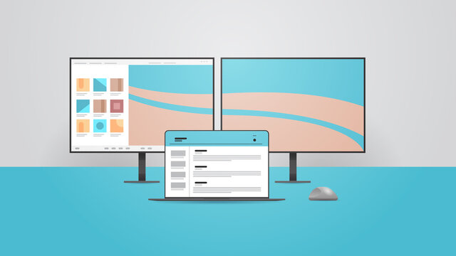 computer monitor and laptop realistic mockup gadgets and devices cross platform concept horizontal vector illustration