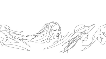 Pattern with female faces. Female face drawn in one line.