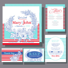 Wedding invitations card with marine motives and flowers. RSVP card, menu design.