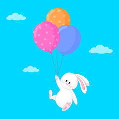 Cute rabbit flying with balloons to the sky. Cute cartoon bunny for baby shower card, greeting card, kids cards for birthday poster or banner, cartoon invitation. Vector illustration.