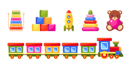 Kid's toys set. Train, pyramid, rocket, xylophone, toy blocks and bear. Collection for small children