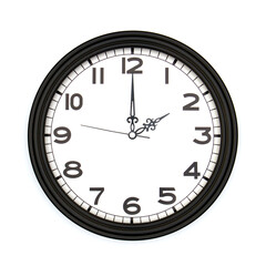 Black round analog wall clock isolated on white background, its two oclock.
