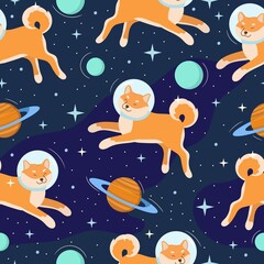 Cute shiba inu dog astronaut in open space. Seamless pattern. Colorful cosmic background with animals, planets, stars. Vector illustration for textile, wallpaper, wrapping, nursery.