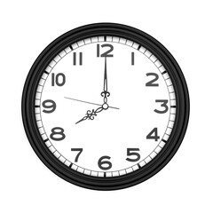 Black round analog wall clock isolated on white background, its eight oclock.