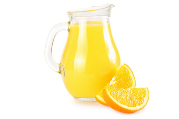 orange juice with sliced orange isolated on white background. juice in jug