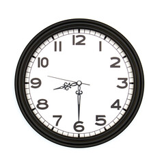 Black round analog wall clock isolated on white background, its half past eight.
